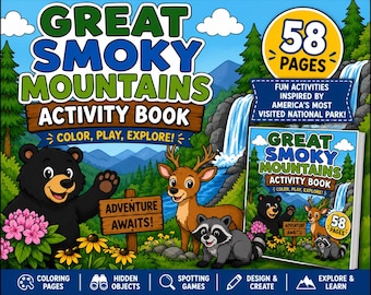 Great Smoky Mountains Activity Book for Kids, 58-Page Printable Coloring and Road Trip PDF