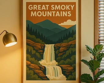 Great Smoky Mountains Printable Wall Art – 24x36" Vintage National Park Poster, Digital Download, Rustic Waterfall Landscape Print