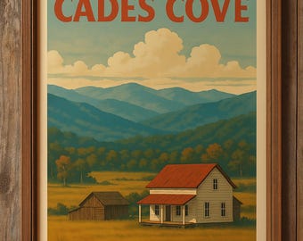 Cades Cove Vintage Travel Poster: Smoky Mountains Farmhouse Art (Digital Download)