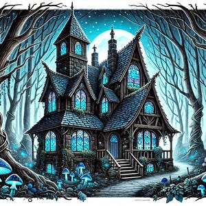 Graphique Fantasy Cottage - Fenêtres lumineuses, champignons bleus, conte de fées de la forêt sombre
