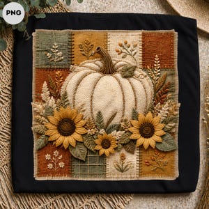 Può includere: Una t-shirt nera con una toppa quadrata che presenta un ricamo di una grande zucca color crema circondata da girasoli, spighe di grano e fogliame. Lo sfondo della toppa è composto da una griglia patchwork nei colori autunnali.