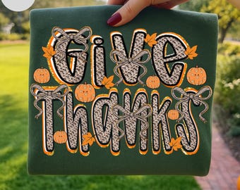 Give Thanks Thanksgiving PNG, Fall Coquette Bow Design (Digital Download)
