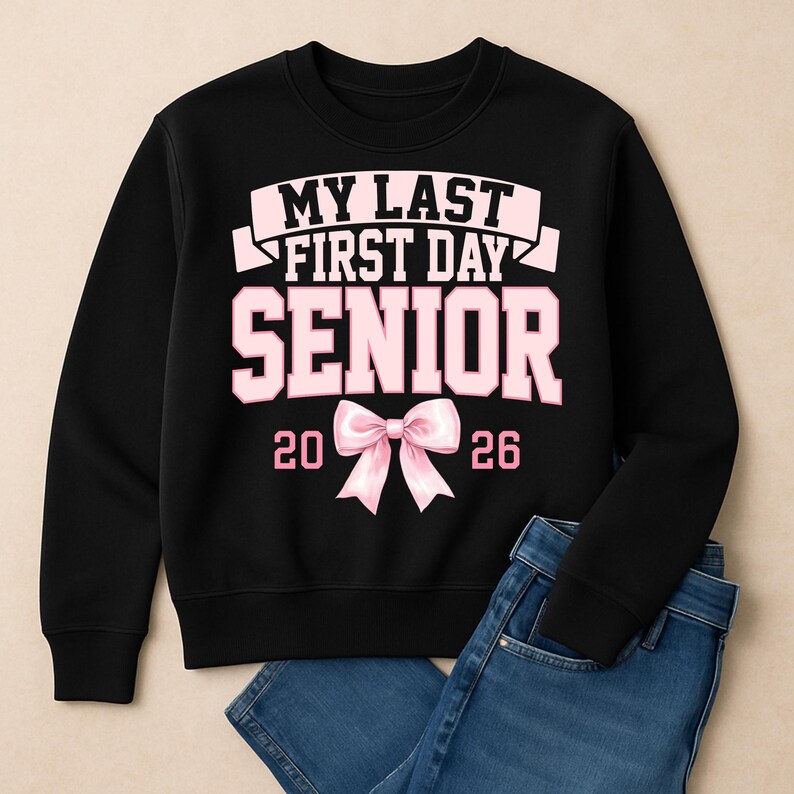 May include: Black sweatshirt with the text "MY LAST FIRST DAY SENIOR 2026" in pink. A pink bow graphic is centered below the text. Blue jeans are partially visible in the image.