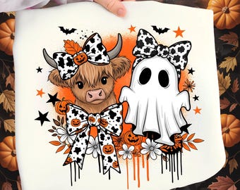 Coquette Western Ghost PNG: Highland Cow, bloemenstrik (digitale download)