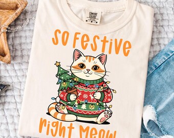 クリスマスのお祝い猫 PNG | 楽しいホリデーセーターデザイン（デジタルダウンロード）