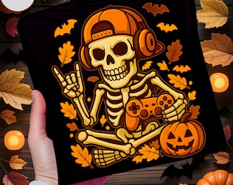 Halloween Skeleton Gamer PNG: Funny Spooky Design (Digital Download)