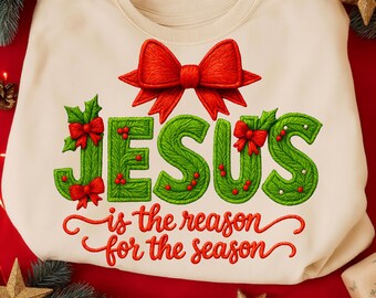 Floral Christmas Jesus PNG, Red Plaid, Holiday Embroidery (Digital Download)