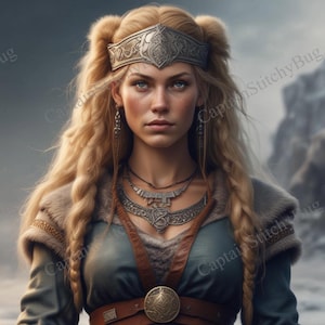 May include: A portrait of a woman with long, blonde hair, wearing a silver crown, earrings, and layered necklaces. She is dressed in a teal-colored top with a brown leather belt and a fur-lined shoulder wrap. The background is a blurred landscape.