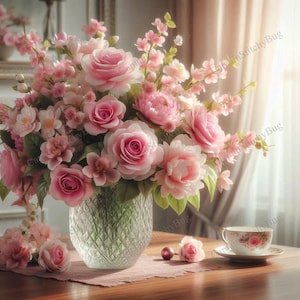 Puede incluir: Un arreglo floral con rosas rosas y otras flores en un jarrón de vidrio transparente y texturizado. Una taza y un platillo de té con un diseño floral están sobre una mesa de madera, junto con flores sueltas y esferas decorativas. La escena está bañada en luz suave.