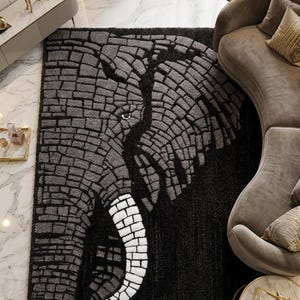 Alfombra de elefante en negro y gris, alfombra abstracta de lana con mechones, alfombra moderna de safari.