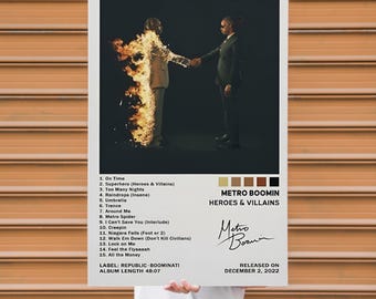Póster de Héroes y Villanos de Metro Boomin, Impresión de la lista de canciones del álbum, Arte mural de música hip hop, Decoración de habitaciones de rap, Póster inspirado en Metro Boomin