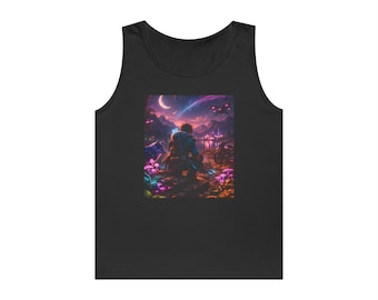 Pareja contemplando una escena fantástica con camiseta sin mangas / Paisaje salvaje iluminado por la luna de neón