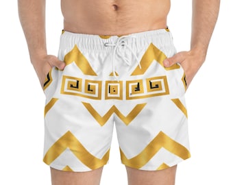 Bañador tipo slip para hombre con estampado geométrico de llave griega en color dorado / Diseño abstracto de chevrón AOP