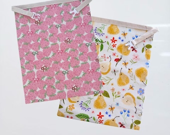 Beeswax Bread Bag for Sourdough, Reusable Cotton Bread Storage, Strawberry & Pear Pattern，   Homemade Bread bags,Gift for Her