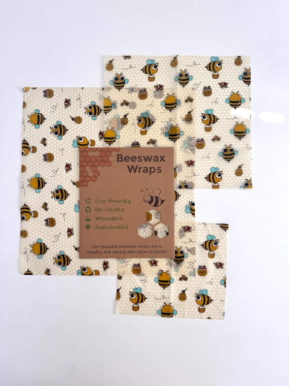 3 piece Beeswax wrap starter pack - reusable eco friendly food safe homemade wraps for kitchen storage - zero waste - unique gift bees