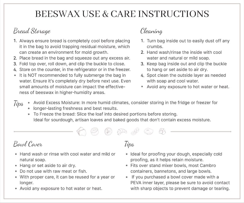 Op de afbeelding: Een witte kaart met zwarte tekst met onderhoudsinstructies voor bijenwasproducten. De tekst is verdeeld in secties voor broodopslag, reiniging en verzorging van de komdeksel. Er zijn ook tips opgenomen.