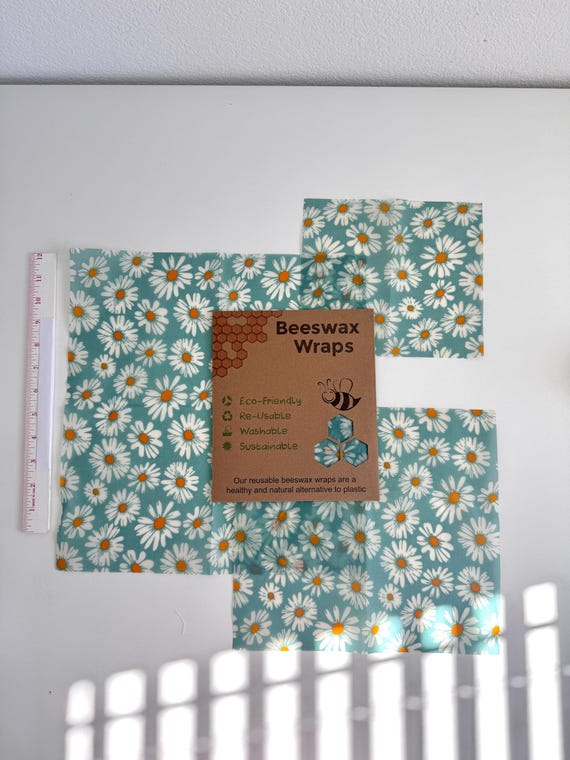 3 piece Beeswax wrap starter pack - reusable eco friendly food safe homemade wraps for kitchen storage - zero waste - unique gift bees