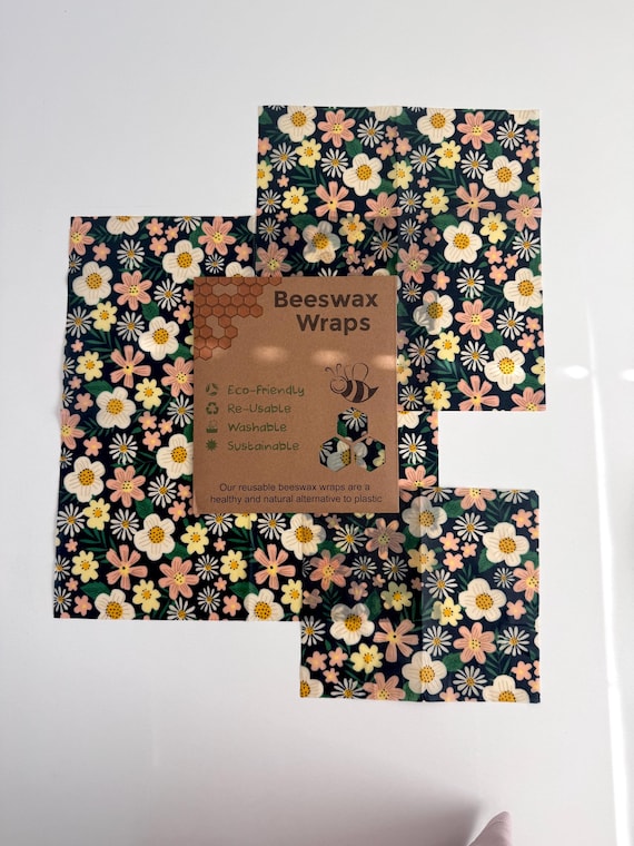 3 piece Beeswax wrap starter pack - reusable eco friendly food safe homemade wraps for kitchen storage - zero waste - unique gift bees