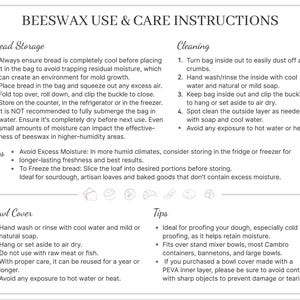 Peut inclure: Une fiche d'information blanche intitul&eacute;e BEESWAX USE & CARE INSTRUCTIONS. Elle fournit des directives textuelles d&eacute;taill&eacute;es pour le stockage du pain, le nettoyage et l'entretien des couvre-bols, incluant des conseils sur l'humidit&eacute; et le lavage.
