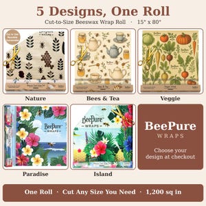 May include: A BeePure Wraps cut-to-size beeswax food wrap roll measuring 15 inches by 80 inches. The image displays five distinct patterns: Nature, Bees & Tea, Veggie, Paradise, and Island, each featuring gold scissors and a 1,200 square inch total area.