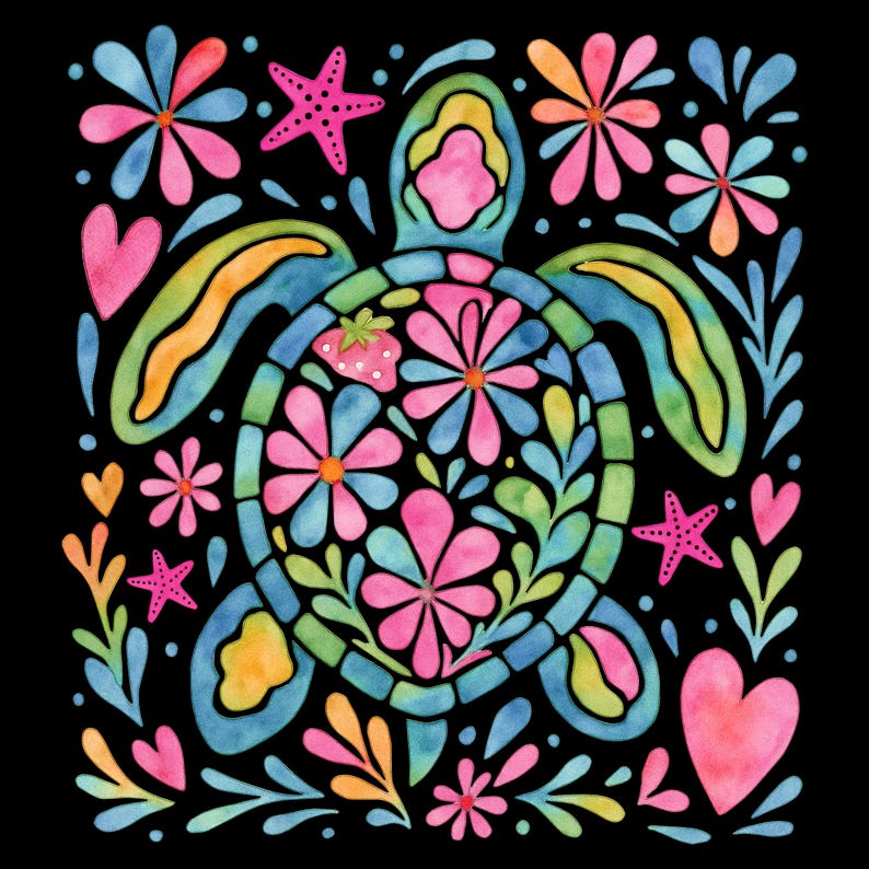 May include: A colourful watercolour illustration of a sea turtle with a floral design. The turtle is surrounded by pink flowers, starfish, and hearts on a black background. The turtle's shell is filled with pink and blue flowers, and a strawberry.