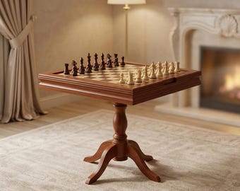 Sapele Wood Chess Table, Handcrafted Wooden Backgammon & Checkers Board Set