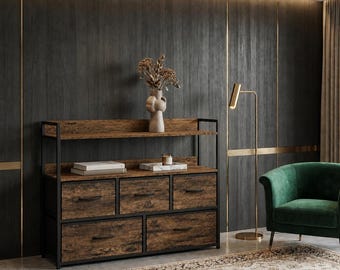 Rustic Brown 5-Drawer Dresser TV Stand Entertainment Center Storage Cabinet