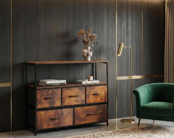 Rustic Brown 5-Drawer Dresser TV Stand Entertainment Center Storage Cabinet