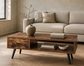 Rustic Modern Coffee Table with Storage Drawer, Mid-Century Pine Wood Furniture