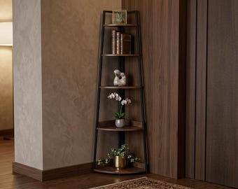Rustic Corner Bookshelf, 5-Tier Etagere, Modern Farmhouse Plant Stand