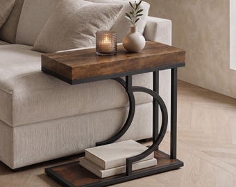 C-Förmiger Beistelltisch, Industrielles Holz Sofa, Rustikaler Snack Akzent