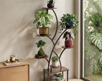 62" Tall Plant Stand, 8-Tier Metal Shelf with LED Grow Lights, Wood-Look Shelves