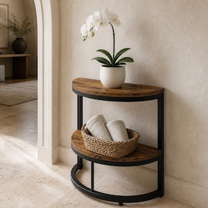 May include: A semi-circular console table with two tiers featuring dark wood grain shelves and a black metal frame. A white potted orchid sits on the top shelf, while a woven basket containing two folded white towels rests on the bottom shelf.