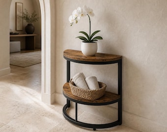 Rustic Half Moon Side Table, 2-Tier C-Table with Storage, Slim Wood Accent Couch Table