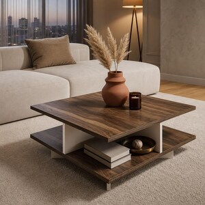 May include: A square coffee table featuring a dark wood grain top and a lower shelf supported by white vertical dividers. The table has a two-tier design with a flat surface and a base shelf, providing storage space for books and small decorative items.