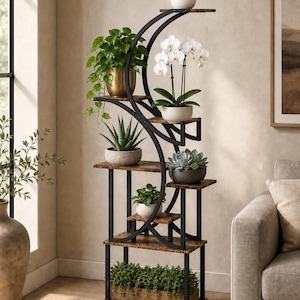 S-Shape 8-Level Plant Stand, Carbonized Wood and Metal Flower Display Shelf