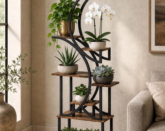 S-Shape 8-Level Plant Stand, Carbonized Wood and Metal Flower Display Shelf