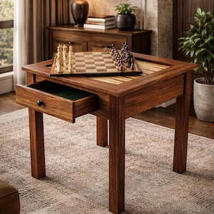 Handcrafted Wooden Chess Table, 3-in-1 Backgammon Board, Storage Drawer End Table