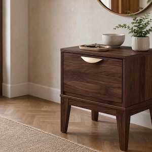 Mesita de noche moderna de mediados de siglo en nogal, mesa auxiliar retro con cajones, muebles pequeños de madera para dormitorio. imagen 7