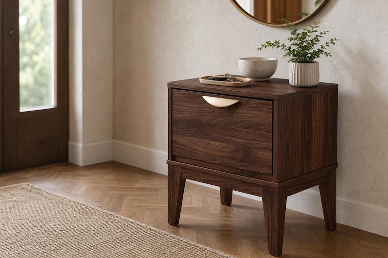 Mesita de noche moderna de mediados de siglo en nogal, mesa auxiliar retro con cajones, muebles pequeños de madera para dormitorio. imagen 7