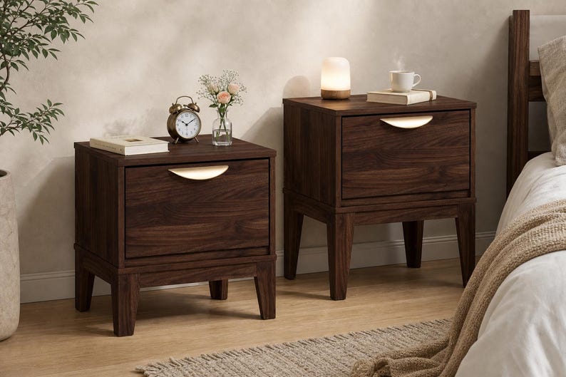 Puede incluir: Dos mesitas de noche de madera de color marr&oacute;n oscuro, cada una con un caj&oacute;n y un tirador curvo de tono dorado. Las mesitas se apoyan sobre cuatro patas c&oacute;nicas y est&aacute;n decoradas con objetos como un reloj, un jarr&oacute;n y una l&aacute;mpara.