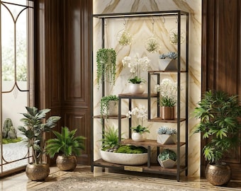 Tall 5-Tier Metal Plant Stand, Wood Ladder Display with Hanging Hooks