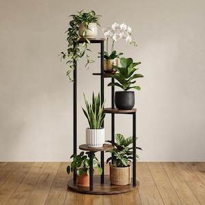 May include: A multi-tiered plant stand with a black metal frame and wooden shelves. The stand holds various potted plants, including a snake plant, a fiddle-leaf fig, and trailing greenery. The stand is on a wooden floor.