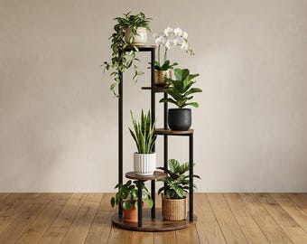 Rustic 5-Tier Round Plant Stand, Wooden Metal Corner Shelf, Modern Balcony Planter Rack