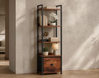 Estantería rústica de 4 niveles con cajón de tela, librería moderna estrecha, estante alto de madera para exhibición.