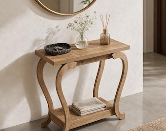Narrow Wood End Table, Curved Legs, 2-Tier Farmhouse Nightstand, Living Room Accent