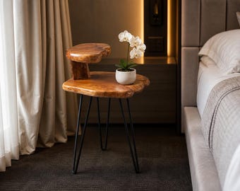 Live Edge Cedar Root 2-Tier Table, Rustic Plant Stand, Metal Hairpin Legs