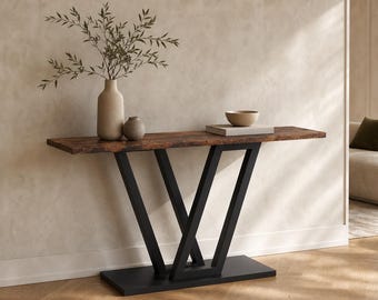 Rustic Console Table, Narrow Entryway Sofa Table, V-Shape Metal Legs