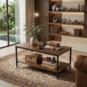 May include: A rectangular coffee table with a dark wood top and a lower shelf, supported by a black metal frame. The table holds a potted plant, two green mugs, a wooden box, and a book. The lower shelf contains a wooden chest and stacked books.