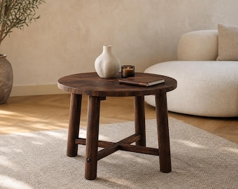 Solid Wood Round Coffee Table, Carbonized Pine Farmhouse Accent Table (24" Diameter)